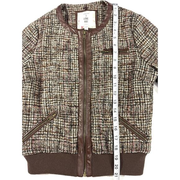 Forever 21 I Love H81 Tweed Bomber Jacket M Brown Faux Leather Zip Plaid Lined - Picture 3 of 10